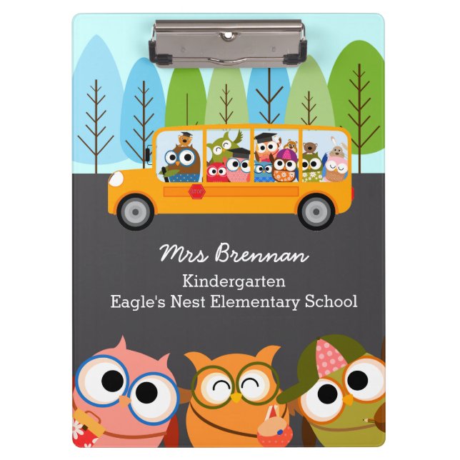 Cute Owls School Bus Personalised Teacher Clipboard (Front)