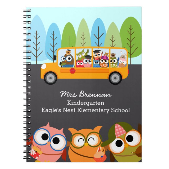 Cute Owls School Bus Personalised Teacher Spiral Notebook (Front)