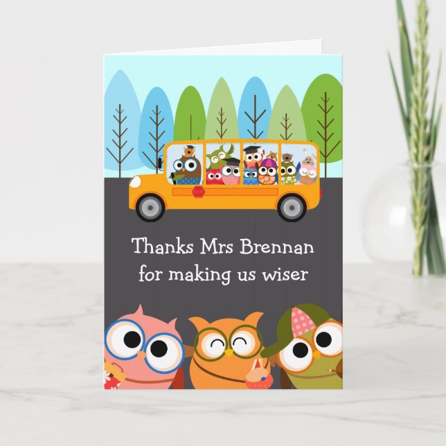 Cute Owls School Bus Teacher Appreciation Thank You Card (Front)