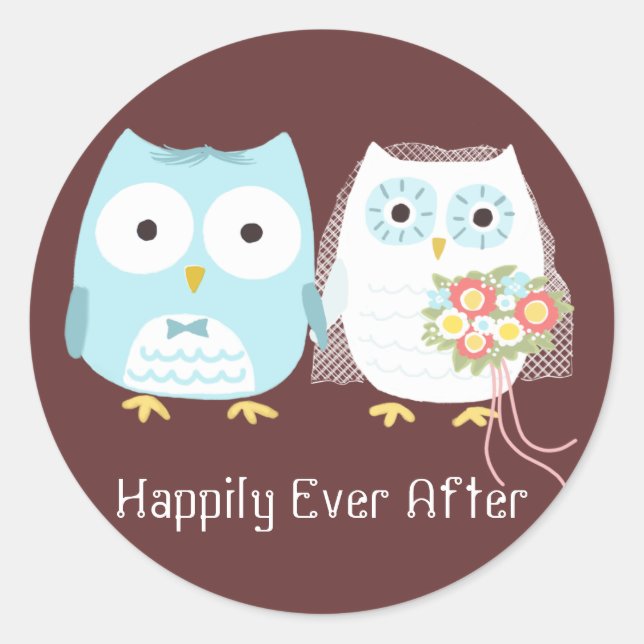 Cute Owls Wedding Bride and Groom Newlywed Couple Classic Round Sticker (Front)