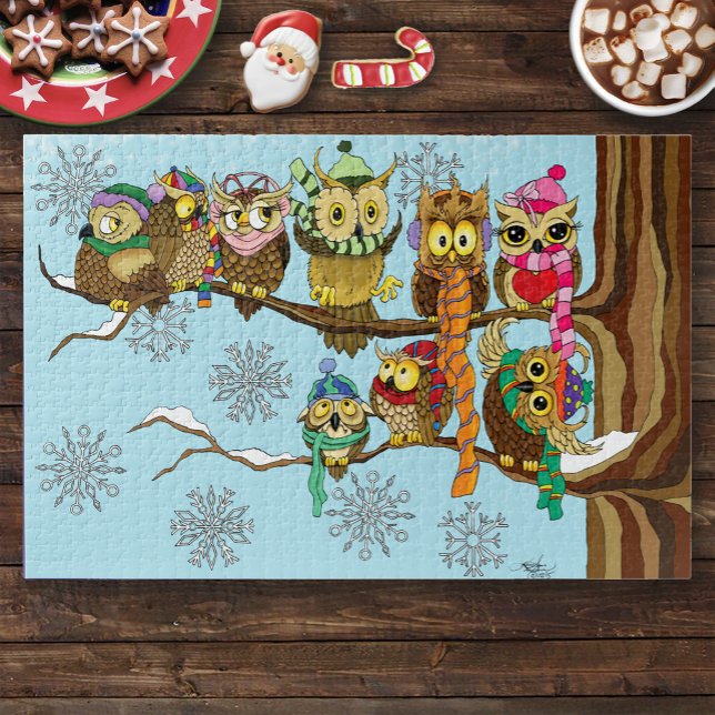 Cute Owls Winter Snowflakes Blue Playful Jigsaw Puzzle (Creator Uploaded)