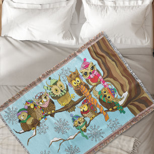 Cute Owls winter Snowflakes Throw Blanket