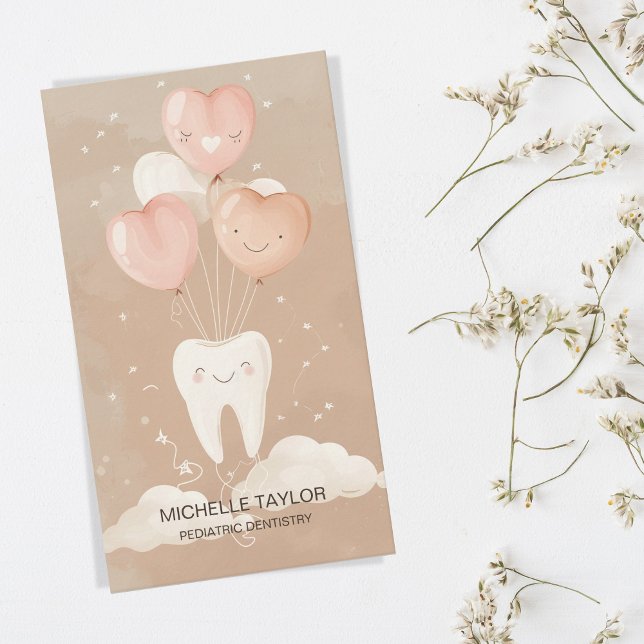 Cute Paediatrics Family Dentist Tooth Smile Business Card (cute tooth with balloons)