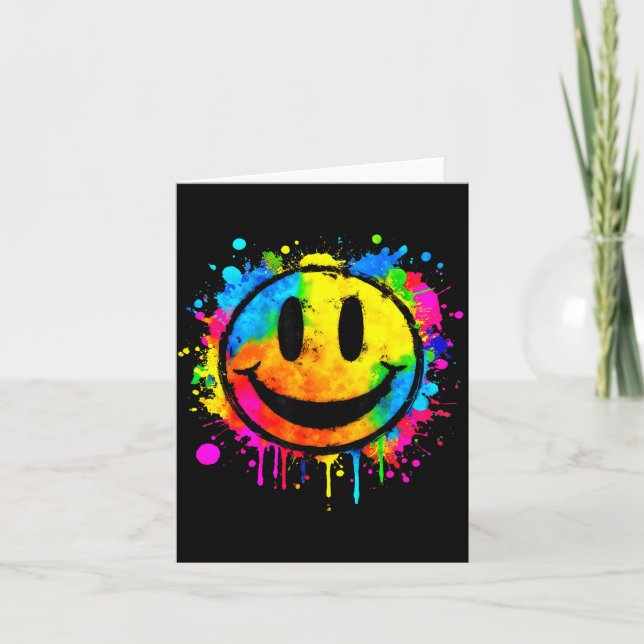 Cute Paint Splash Happy Smile Face 70s Tie Dye Smi Card (Front)