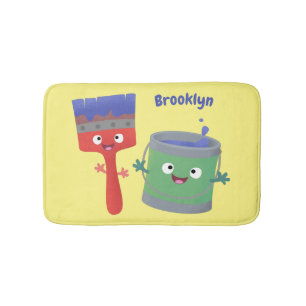 Cute paintbrush and paint cartoon characters bath mat