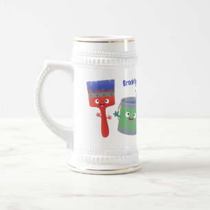 Cute paintbrush and paint cartoon characters beer stein