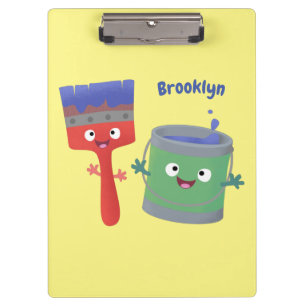 Cute paintbrush and paint cartoon characters clipboard