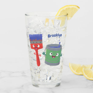 Cute paintbrush and paint cartoon characters glass