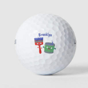 Cute paintbrush and paint cartoon characters golf balls