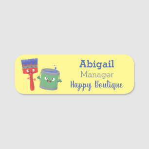 Cute paintbrush and paint cartoon characters name tag