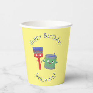 Cute paintbrush and paint cartoon characters paper cups