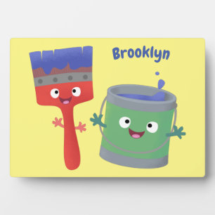 Cute paintbrush and paint cartoon characters plaque