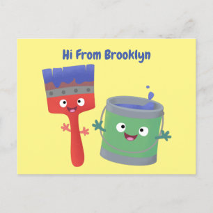 Cute paintbrush and paint cartoon characters postcard