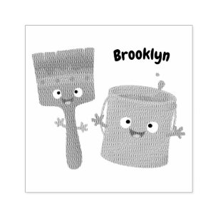 Cute paintbrush and paint cartoon characters rubber stamp