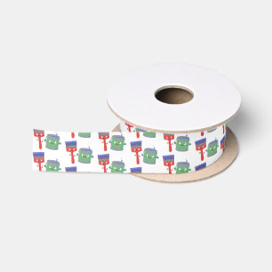 Cute paintbrush and paint cartoon characters satin ribbon