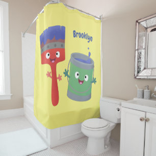 Cute paintbrush and paint cartoon characters shower curtain