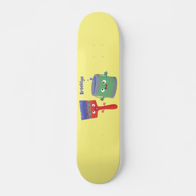 Cute paintbrush and paint cartoon characters skateboard (Front)