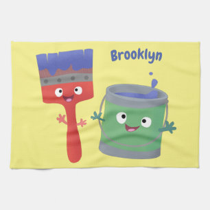 Cute paintbrush and paint cartoon characters tea towel