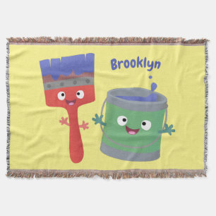 Cute paintbrush and paint cartoon characters throw blanket