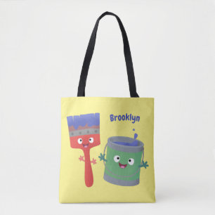 Cute paintbrush and paint cartoon characters tote bag
