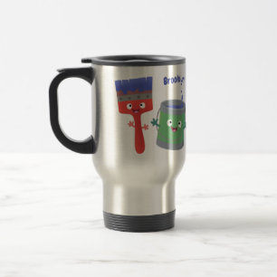 Cute paintbrush and paint cartoon characters travel mug