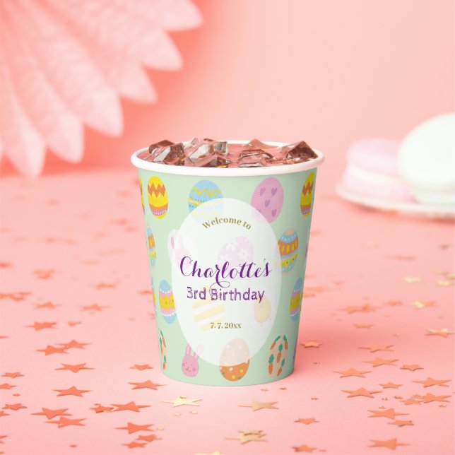 Cute Painted Egg Pattern Green Kids Birthday Party Paper Cups (Insitu)