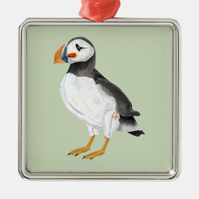 Cute painted puffin metal tree decoration (Front)