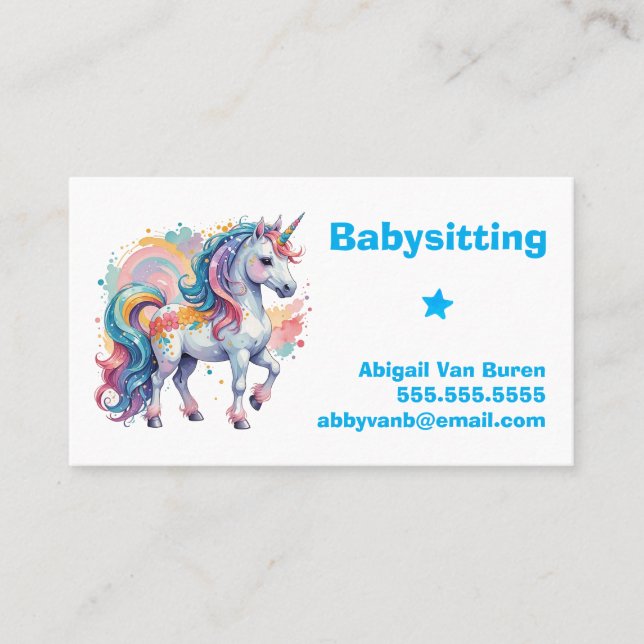 Cute Painted Unicorn Babysitter Nanny Daycare Business Card (Front)