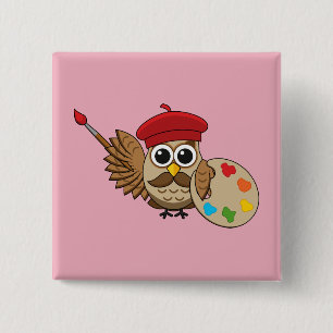 Cute Painter Owl Cartoon 15 Cm Square Badge