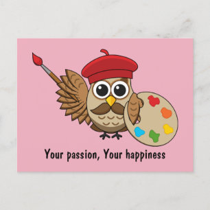Cute Painter Owl Cartoon   Add own Text Holiday Postcard