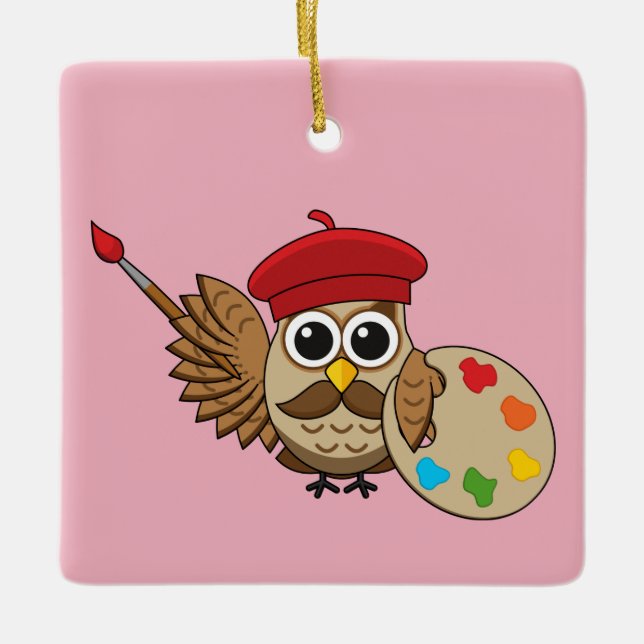 Cute Painter Owl Cartoon Ceramic Ornament (Front)