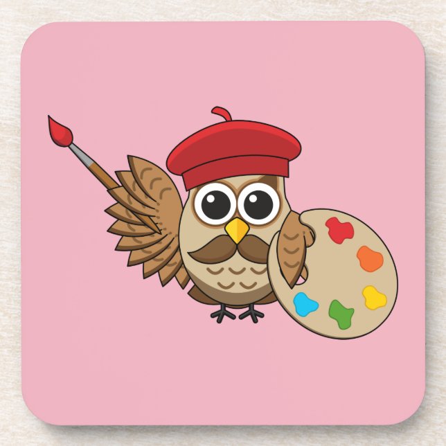 Cute Painter Owl Cartoon Coaster (Front)