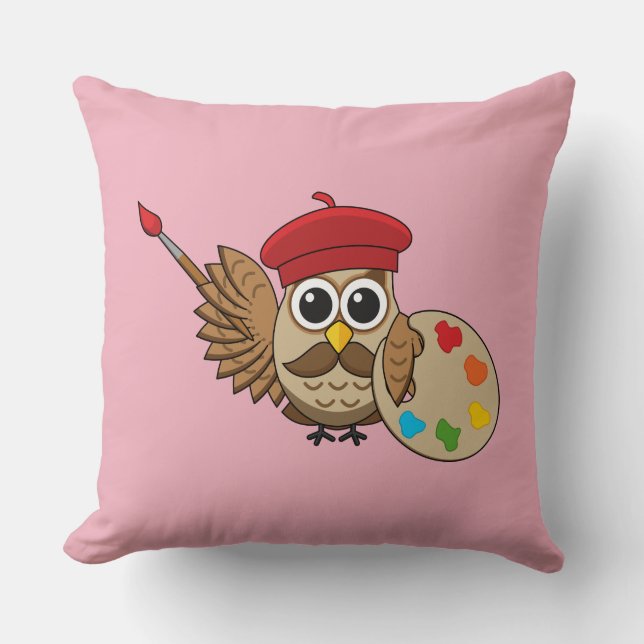 Cute Painter Owl Cartoon Cushion (Front)
