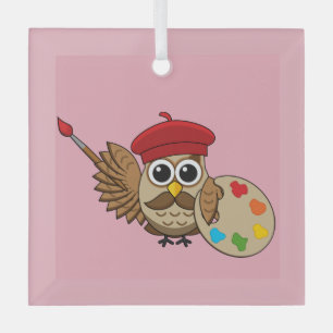 Cute Painter Owl Cartoon Glass Tree Decoration