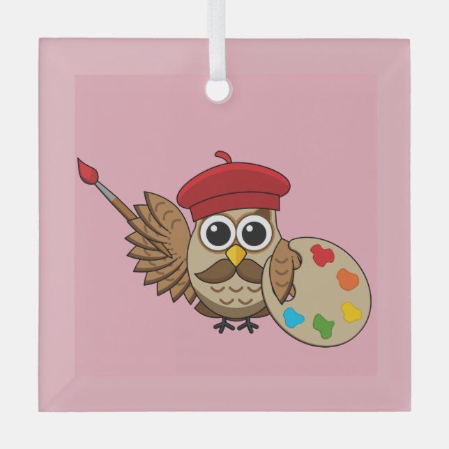 Cute Painter Owl Cartoon Glass Tree Decoration (Front)