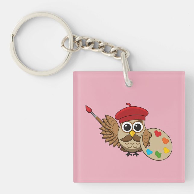 Cute Painter Owl Cartoon Key Ring (Front)