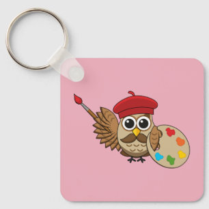 Cute Painter Owl Cartoon Key Ring
