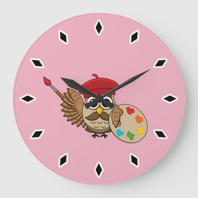 Cute Painter Owl Cartoon Large Clock (Front)