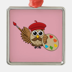 Cute Painter Owl Cartoon Metal Tree Decoration