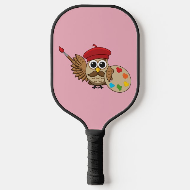 Cute Painter Owl Cartoon Pickleball Paddle (Front)