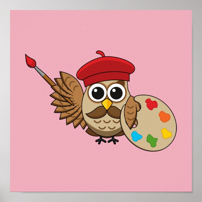 Cute Painter Owl Cartoon Poster (Front)