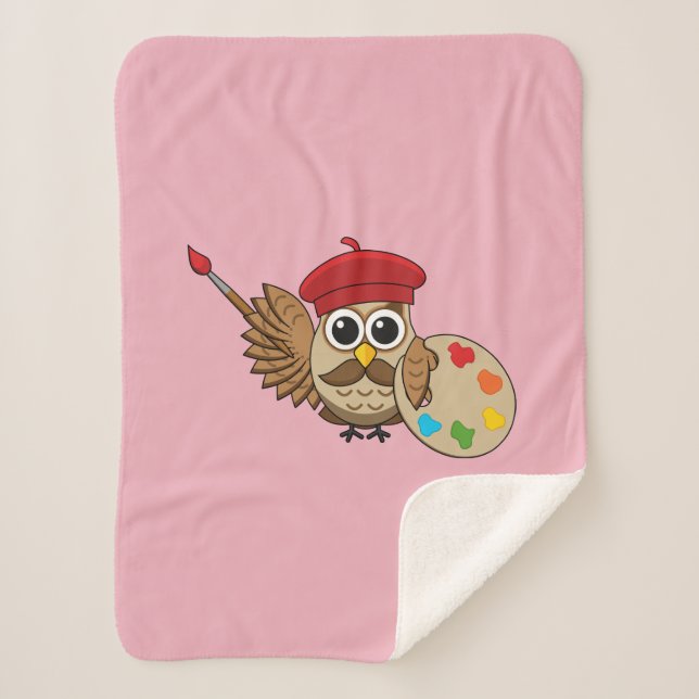 Cute Painter Owl Cartoon Sherpa Blanket (Front)