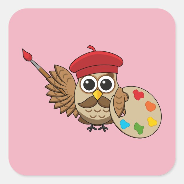 Cute Painter Owl Cartoon Square Sticker (Front)