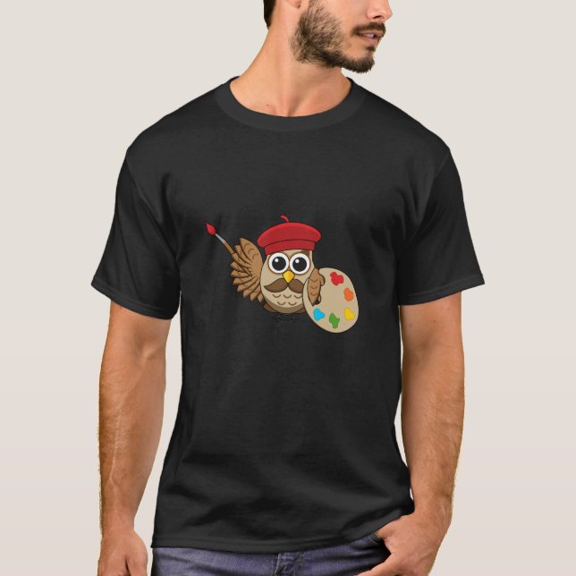 Cute Painter Owl Cartoon T-Shirt (Front)