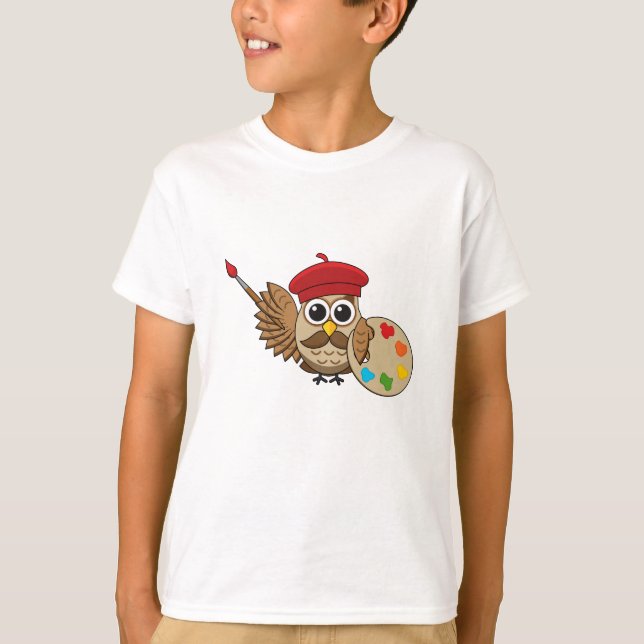 Cute Painter Owl Cartoon T-Shirt (Front)