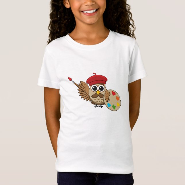 Cute Painter Owl Cartoon T-Shirt (Front)