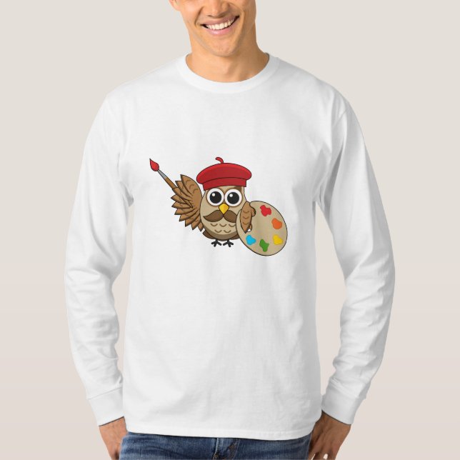 Cute Painter Owl Cartoon T-Shirt (Front)
