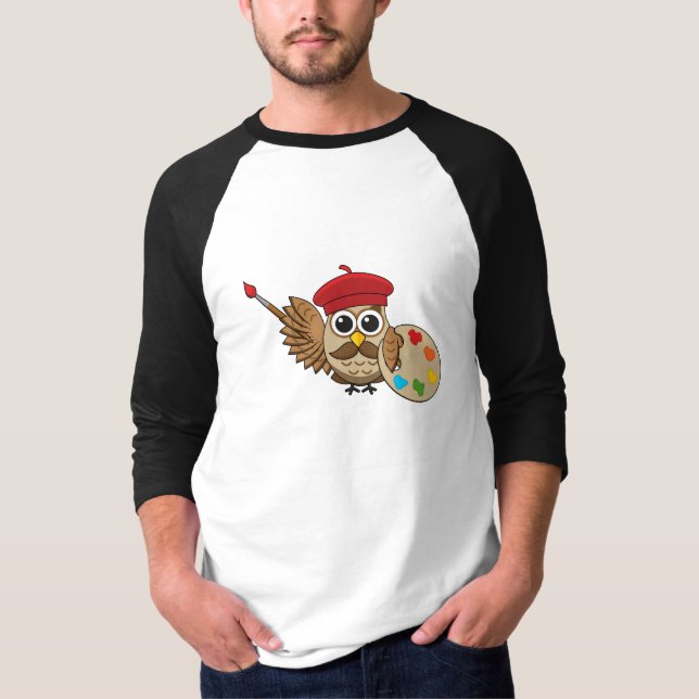 Cute Painter Owl Cartoon T-Shirt (Front)