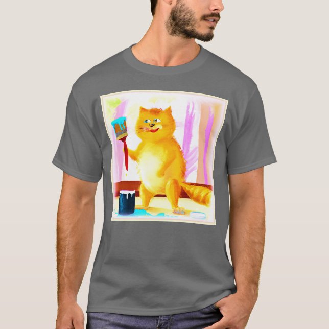Cute Painting Of A Cat Holding A Brush. Buy Now T-Shirt (Front)