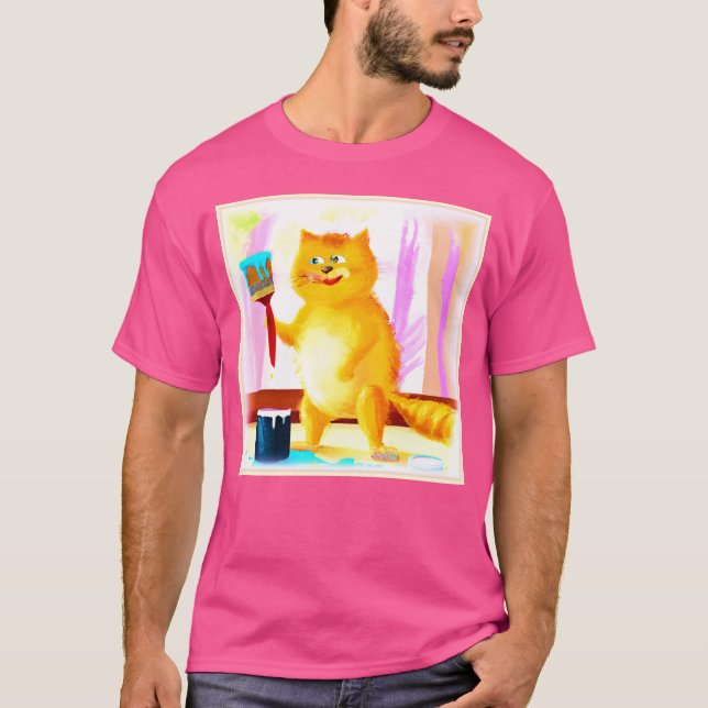 Cute Painting Of A Cat Holding A Brush. Buy Now T-Shirt (Front)